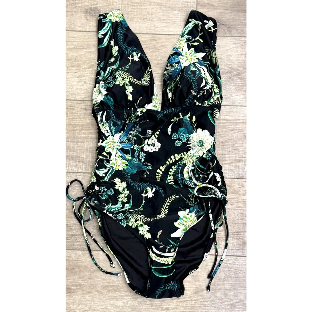 NWT SOMA BLACK TROPICAL TWIST BLACK FLORAL V-NECK FLORAL ONE PIECE SWIMSUIT 14